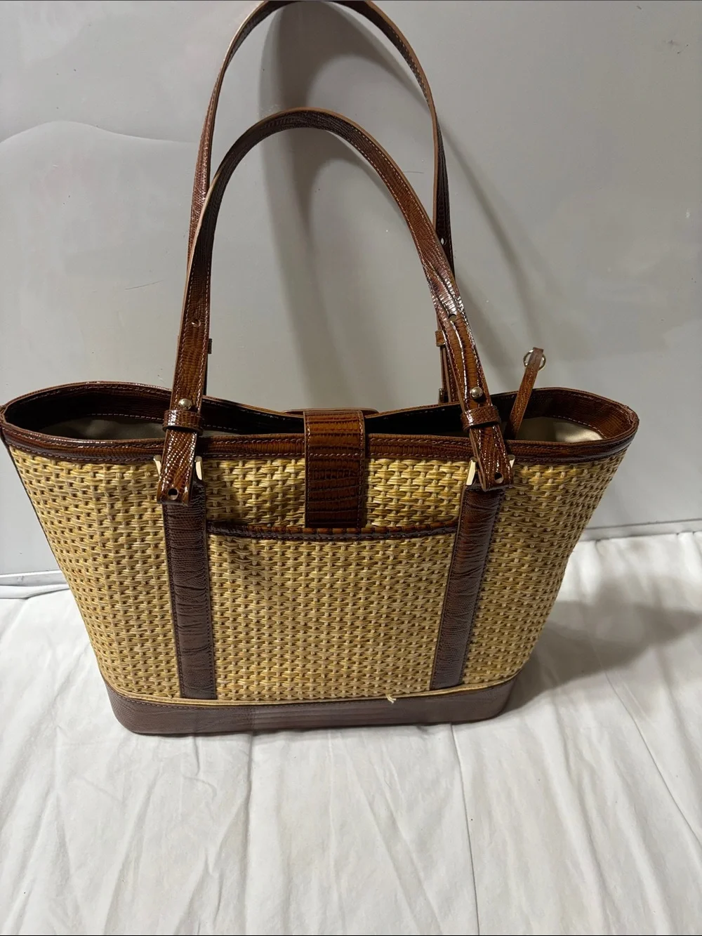 Brahmin Natural Woven Tote with Brown Trim. EUC